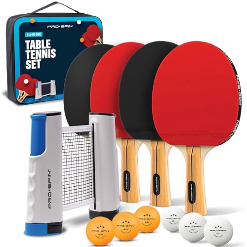PRO-SPIN Portable Ping Pong Set with Retractable Ping Pong Net for Any Table, All-in-One Table Tennis Set with Ping Pong Paddles, Balls & Case, Table Top Family Game (Red, 4-Player Set)