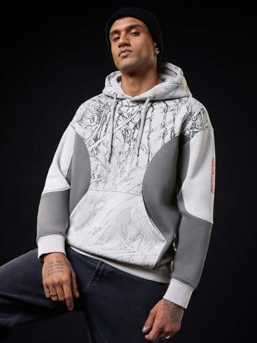 Image of The Souled Store Ronin Men and Boys Full Sleeves Hooded Neck Grey Graphic Printed Cotton Blend Drop Shoulder Streetwear Trendy Premium Fleece Print Oversized Hoodie