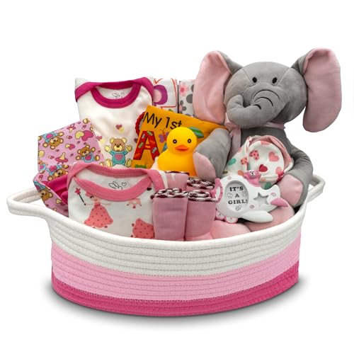 Bundle of Joy Deluxe Baby Girl or Boy Gift Basket (Medium) | 16 Piece New Baby Gift Set (Pink)
