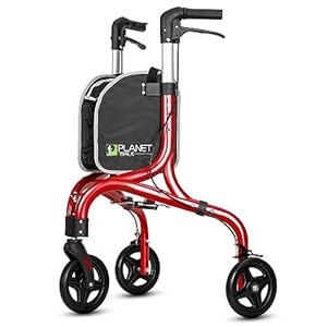 Planetwalk Premium 3 Wheel Rollator Walker for Seniors – Ultra Lightweight Foldable Walker for Elderly, Aluminum Three Wheel Mobility Aid, Brilliant Red