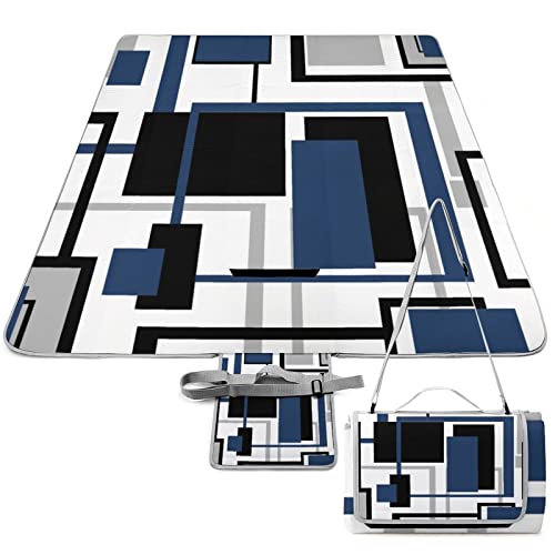 Kazynee Black Grey Blue Modern Beach Picnic Blanket Abstract Art Geometric Plaid Mid Mid Center for Outdoor Picnics, Beach, Camping 58.3x58.3 Inch