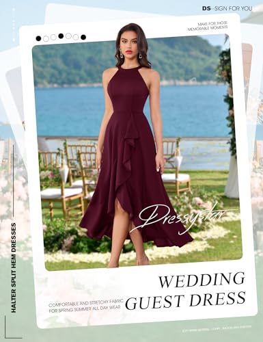 Image of Dressystar Womens 2026 Halter Slit Ruffle Wedding Guest Party Dress Elegant Maxi Long Sleeveless Formal Prom Cocktail Dresses