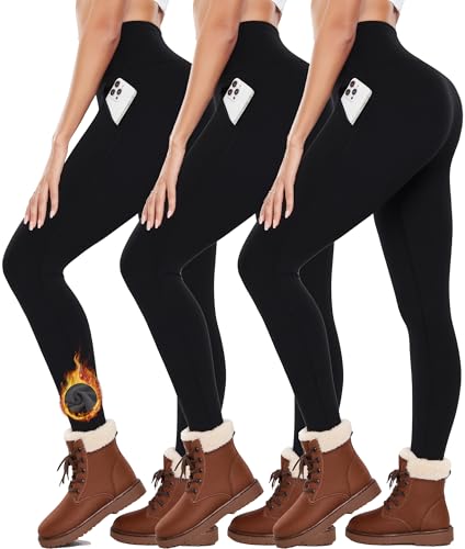 NEW YOUNG 3 Pack Fleece Lined Leggings with Pockets for Women,High Waisted Thermal Warm Winter Yoga Pants