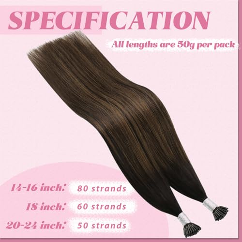 Image of YoungSee I Tip Hair Extensions Human Hair Brown 24 Inch Itips Hair Extensions Dark Brown Balayage with Browns Itip Hair Extension Real Human Hair Ombre I-Tip Extension Long Hair 50g 50s