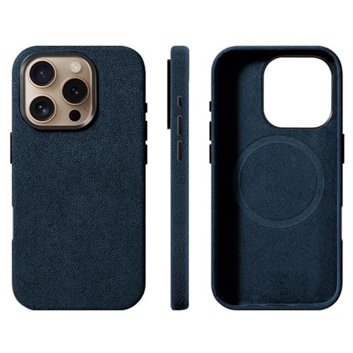 Coque iPhone 16 Pro Max véritable daim alcantara italien bleu MagSafe
