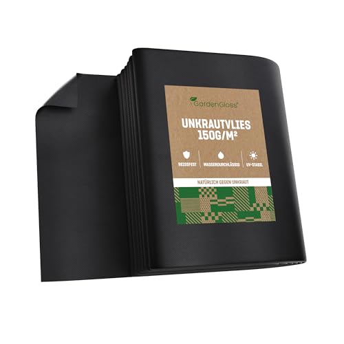 GardenGloss 30m2 Unkrautvlies Gartenvlies 150g/m2 Extra Stark Gegen Unkraut – Extrem Reissfest und Hohe UV-Stabilisierung – Unkrautfolie Wasserdurchlässig (15m x 2m, Gefaltet)