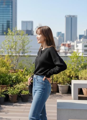 Image of Zilcon Full Sleeve Waffle (Wool) Oversized Tshirt for Women, Button Down Neck Longline Drop Shoulder Sweatshirt for Women
