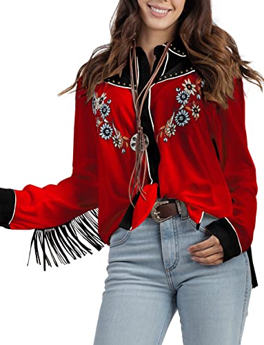 John Moon Camisas de Manga Larga con Botones Occidentales Bordadas para Mujer, Blusas Casuales Retro, Rojo -, Medium