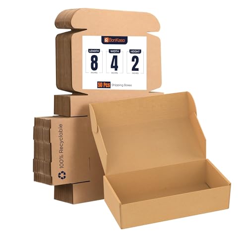 Image of BonKaso 3 Ply Brown Flap Corrugated Boxes for Packaging | 8 inchx4 inchx2 inch (Pack of 50) | Cardboard Packing Boxes for Shipping, Moving & Storage | Carton Boxes for Courier & Goods Transportation