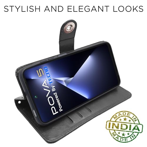 Image of Pikkme Tecno Pova 5 / Tecno Pova 5 Pro 5G Flip Cover Leather Finish | Inside TPU with Card Pockets | Wallet Stand and Shock Proof | Complete Protection Button Flip Case (Black)