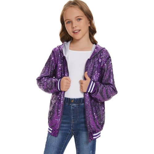 Mowbeat Girls Purple Sequin Jacket Zipper Hoodie Varsity Jacket for Kids Sparkly Sequin Long Sleeve Hoodies Coat