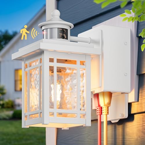 Image of Gleamz Porch Light with Outlet, White Anti-rust Motion Sensor Outdoor Porch Lights, Waterproof Dusk to Dawn Outside Garage Lights for House, Modern Outdoor Wall Light with Outlet for Patio Garage Door