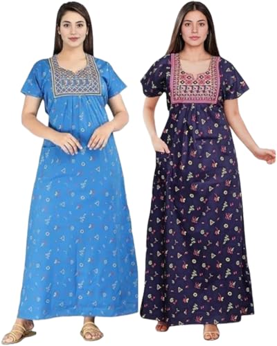 Image of Bresdk Women's Cotton Embroidered Jaipuri Nighty Gown - Pack of 2 Rajasthani Print Maxi Night Dress with Pocket - Soft & Comfortable Ladies Sleepwear & Loungewear