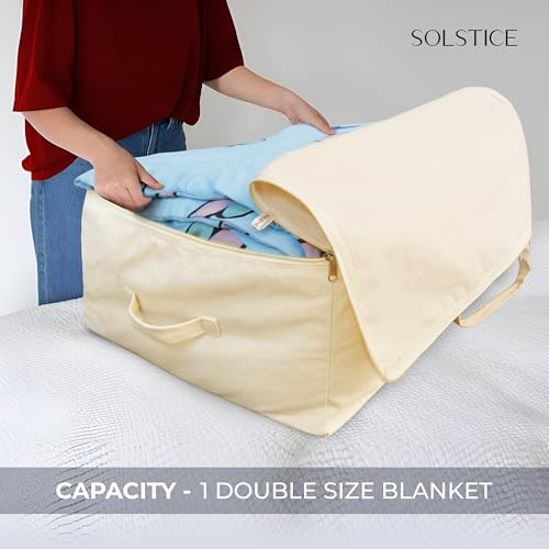 Image of SOLSTICE Extra Large Cotton Canvas Blanket Storage Bags with Zipper, 4 Handles & Window | for Saree, Pillows, Blankets, Rajai & Seasonal Clothes as Wardrobe Organizer and Under Bed Storage | Pack of 2