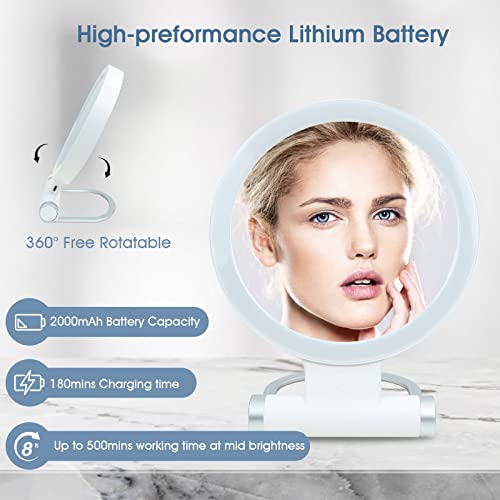 Varsoul Led Foldable Travel Makeup Magnifying Mirror - 7 Inches 3 Colors Light Modes Usb Rechargeable Touch Screen, Portable Tabletop Cosmetic Mirror For Travel, Cosmetic, Office (White) #TOP4
