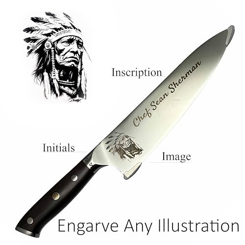 Image of Personalized Photo Chef Knife, 8.5 Inch Engraved German Stainless Kitchen Blade, Custom Image Logo or Monogram, Full Tang, Gift Boxed Corporate Wedding Gift