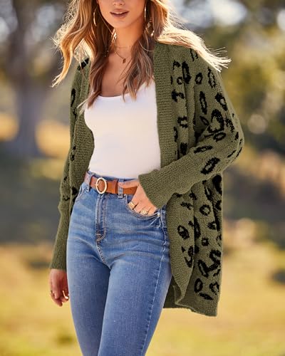 BTFBM Leopard Cardigan for Women Long Sleeve Open Front Cardigans Sweaters Pockets Loose Knit 2026 Fall Winter Outwear(Army Green, Large) — view 5