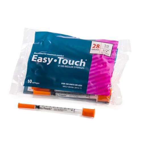 Image of Easy Touch 28 Gauge U-100 Insulin Syringes (28G 1cc 1 /2 inch) with 1 /2 inch Long Needle, 1cc (100 Unit Capacity), Bold Markings for Accurate Dosing, Disposable, Box of 100