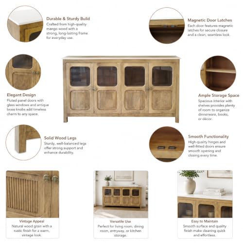Image of The Attic Crestwood Solid Wood Sideboard Cabinet with Glass Doors | Storage & Display Cabinet for Living Room & Dining Room | Handcrafted Mango Wood, Light Teak Finish