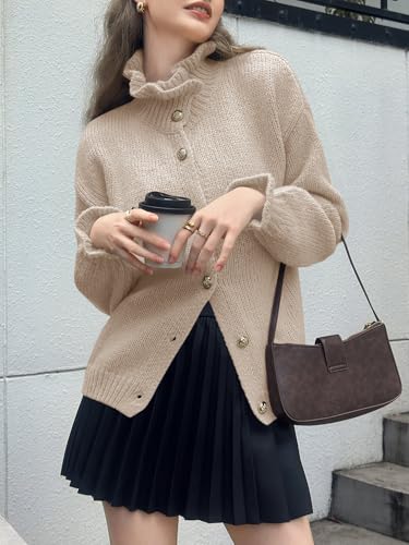 Saodimallsu Womens Ruffle Cardigan Oversized Button Up Fall Trendy Ribbed Knit Open Front Long Sleeve Loose Cute Sweater4