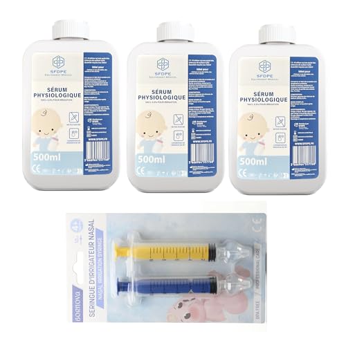 Solución Salina NaCl 0,9 (3 x 500 ml) con 2 Jeringas de Lavado de 10 ml – Solución Salina Fisiológica Isotónica 0,9% para Ojos y Nariz del Bebé – BORNOVA SFDPE