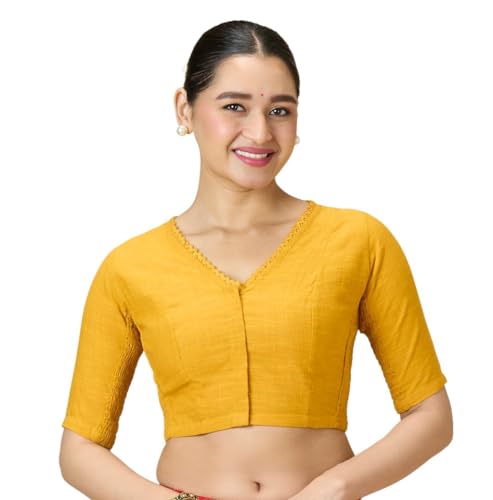 Image of Studio Shringaar Women's Handloom Cotton Side Stretchable (Smocked) Readymade Saree Blouse with Crochet Neckline