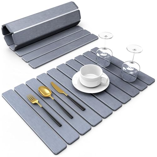 DK177 60x40 cm Large Stone Drying Mat for Kitchen Counter Foldable Space Saving Quick Dry Stone Mat Kitchen Absorbent Diatomaceous Stone Bath Mat for Kitchen Dishes Earth (Dark Gray)
