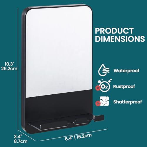 taili shower mirror fogless suction shaving mirror with razor holder fog free with storage tray rust-proof shatterproof removable bathroom amp shower accessories black