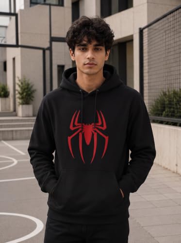 Image of More & More HOODMASTER Men's Cotton Hoodie Sweatshirt with Full Sleeves Regular Fit Solid Pattern Spider Printed Theme Hooded Neck and Standard Length | Cotton Hoodie Sweatshirt for Men