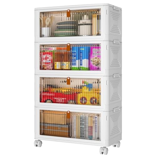 4 Tier Plastic Storage Bins with Lids 36QT, Stackable Storage Containers with Wheels, Folding Storage Boxes, Collapsible...