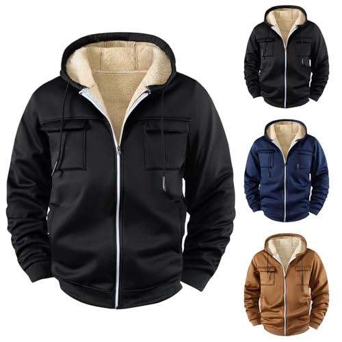 Image of ABABC Sherpa Hoodie Men Sherpa Lined Full Zip Fleece Hooded Sweatshirt Winter Thick Warm Outdoor Jackets with Pockets