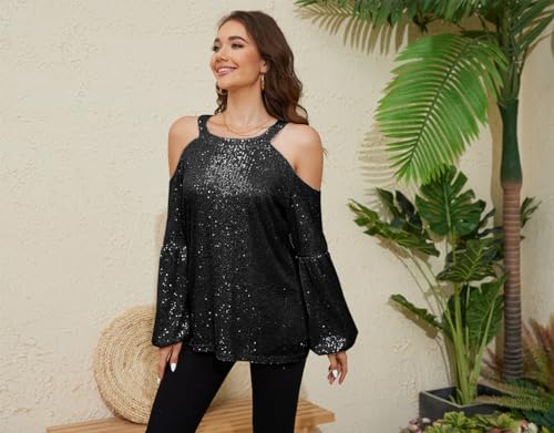 Sequin Tops for Women Sequin Halter Tops Balloon Long Sleeve Sparkly Glitter Shirts Sequin Blouse for Party Disco4