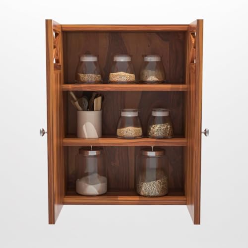 Image of Sheesham Wood Kitchen Cabinet for Home | Wall Mounted Kitchen Rack with Storage | Wooden Kitchen Unit /Organizer with 2 Door Cabinet Furniture with Storage | (Honey Finish)