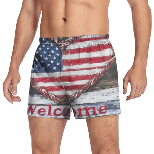 Usa Flag Heart Wooden Men's Cotton Boxer Shorts Pajama Bottoms with Button Fly Underwear Sleep Shorts3