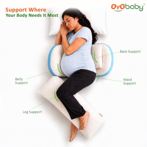 Image of OYO BABY Premium Maternity Pillow Bundle | 4-Piece Full Body Pregnancy Pillow Set for Back, Belly, Hips and Leg Support | Adjustable Butterfly Design | Hypoallergenic Organic Cotton Cover - Blue