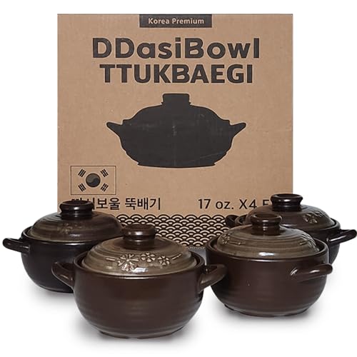 DDasiBowl – 4-Pack Korean Clay Pots (17oz / 500ml) with Lids & Handles – Ttukbaegi Stone Bowls for Cooking Bibimbap, Donabe Style Korean Clay Cookware – Oven & Stovetop Safe dolsot