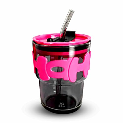 Image of MELLORA HOHO Glass Tumbler with Straw, Leak-Proof Lid & Letter Rubber Grip - 400ml | Stylish Wide Mouth Flask for Hot & Cold Beverages | Easy-Clean Mug for Office, Gym & Travel | Hot Pink