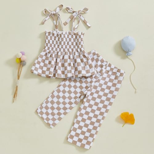 Image of Thorn Tree Toddler Girl Clothes Plaid Printed Sleeveless Pleated Camisole Linen Pants Set Baby Summer Outfits