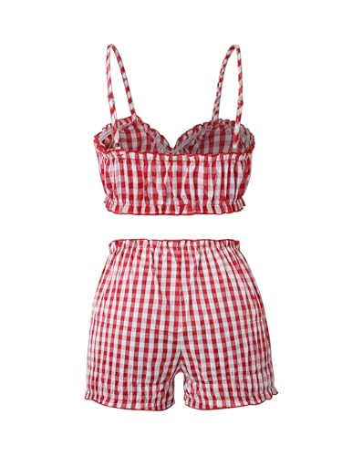 GORGLITTER Women's Two Piece Plaid Gingham Ruched Swimsuit Frill Trim Swim Shorts Bikini Sets3