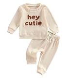 TheFound Toddler Boy Clothes Hey Cutie Long Sleeve Waffle Knit Sweatshirt Tops Sweatpants Cute Infant Boy Fall Winter Outfits (Apricot Hey Cutie, 0-6 Months)
