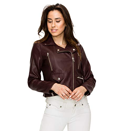 Lock and Love LL WJC1852 Womens Faux Leather Motorcycle Biker Jacket L Maroon4