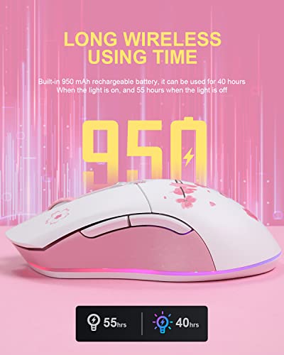 Dareu Sakura Pink Wireless Wired Gaming Mouse, Dual-Mode Rechargeable 7 Programmable Buttons,10K Dpi,Rgb And 7 Adjustable Dpi Levels Up To [150Ips] [1000Hz Polling Rate] For Pc Notebook Mac #TOP3