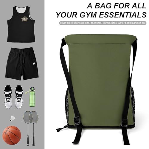 Cozy Dark Olive Green-15 Drawstring Gym Backpack for Men Women, Water Resistant Sports Sackpack with Shoe Compartment And Wet Pocket, Lightweight String Bag for Travel3