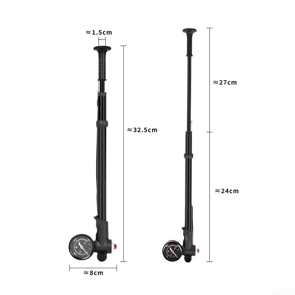 Bomba de horquilla de suspensión de bicicleta de aleación de aluminio de 300 PSI con manómetro para amortiguador trasero y neumático para válvula Presta para Schraders, color negro