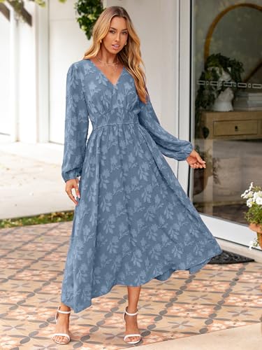 Image of Simplee Womens Boho Floral Long Sleeve Maxi Dress V Neck Empire Waist Fall Wedding Guest Dresses with Pockets