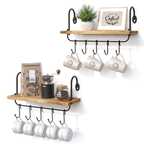 Olakee Floating Wall Shelves for Kitchen Bathroom Coffee Nook with 10 Adjustable Hooks for Coffee Mugs, Coffee Bar Organizer and Decor, Rustic Storage Shelves Set of 2
