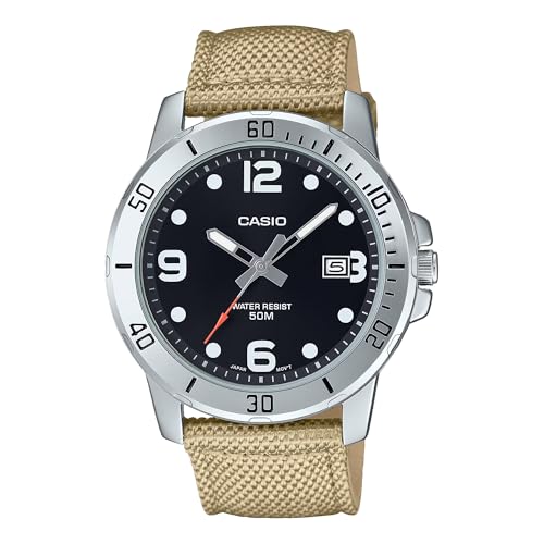 Image of Casio MTP-VD01C-5BV Men's Enticer Tan Fabric Band Black Dial 50M Analog Sporty Watch
