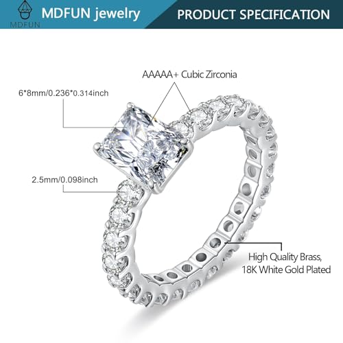 MDFUN 18K White Gold Engagement Ring for Women Radiant Cut Cubic Zirconia Wedding Promise Rings for Her4