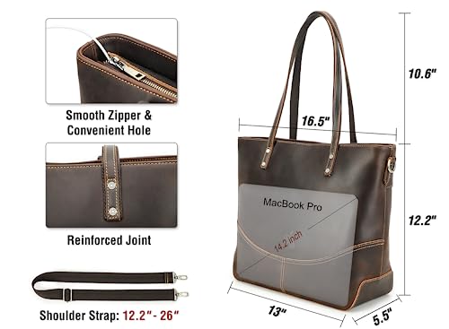 Image of Top Grain Leather 14.2 inch Laptop Tote Bag Briefcase for Man & Woman, Vintage Design & Adjustable Strap, Fits to 14.2 inch MacBook Pro /Air, Shoulder Bag Handbag for Office /Travel, Coffee 14.2 Inch