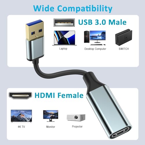 baolongking USB-auf-HD-Adapter für Monitor, HD-Konverter, 1080P, Kabelanschluss, Ausgang für Computer, Laptop, Desktop mit mehreren Windows 11/10/8.1/8/7, Mac (Grau USB auf HD)